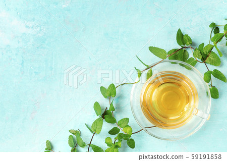 Mint tea cup, shot from the top on a blue background with fresh mint leaves and copy space 59191858