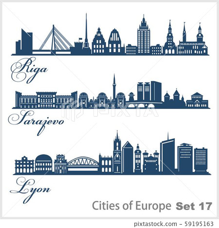 City in Europe - Riga, Sarajevo, Lyon. Detailed architecture. Trendy vector illustration. 59195163