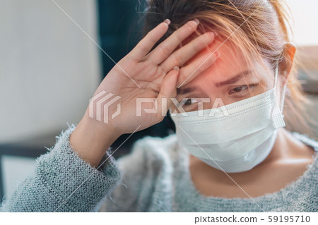 Sick asian woman have hight fever flu and touch Sick asian woman have hight fever flu and touch 59195710
