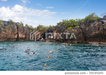A group of tourists snorkeling in sea water A group of tourists snorkeling in sea water 59195845