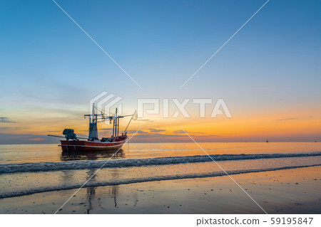 Fishing vessel with sea ocean in sunrise time. Fishing vessel with sea ocean in sunrise time. 59195847