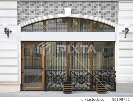 Blank white rectangular signboard with glass door mockup Blank white rectangular signboard with glass door mockup 59199791