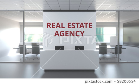 Office with meeting room and reception desk af a real estate agency, conceptual 3D rendering 59200554