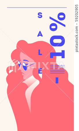 Vector fashion portrait of a model girl. Retro trendy coral color stories template. Sale Banner 10 59202905