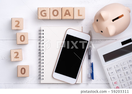 2020 New Year Goals Written book Wood block Finance deposit note plan finance Note plan 59203311