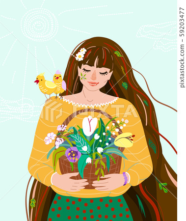 Woman like spring season. Beauty springtime flat female character hold in her hands basket with herb Woman like spring season. Beauty springtime flat female character hold in her hands basket with herb 59203477