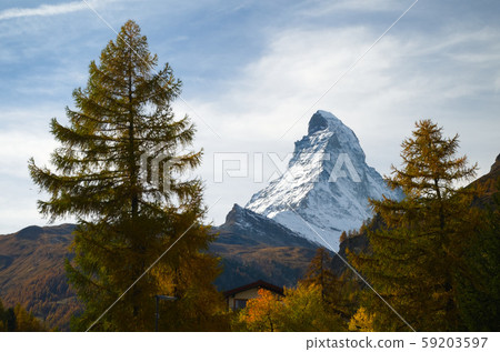 Autumnal view of the Matterhorn peak (Cervino Mountain) from Zermatt Autumnal view of the Matterhorn peak (Cervino Mountain) from Zermatt 59203597