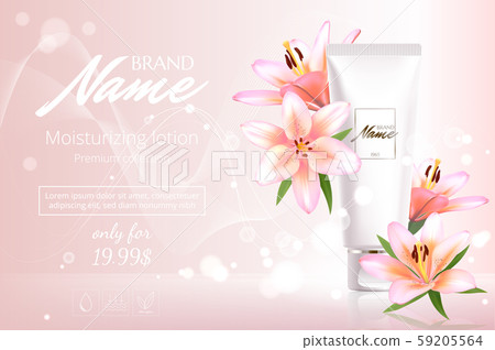 Advertising poster for cosmetic product with flowers for catalog, magazine. Vector design of Advertising poster for cosmetic product with flowers for catalog, magazine. Vector design of 59205564
