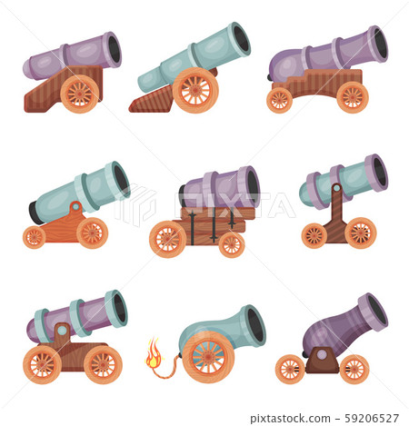 Set of vintage cannons on wheels. Vector illustration on a white background. 59206527