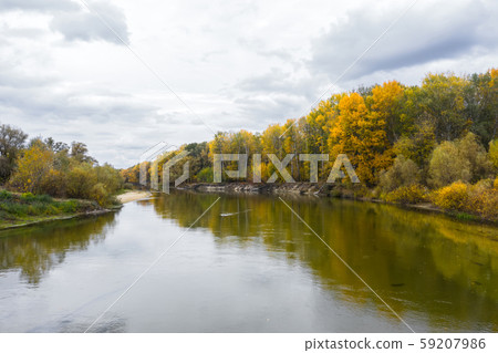 Aerial view of the Beautiful River Landscape at autumn. Cloudy day. 59207986