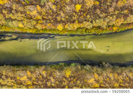 Aerial view of the Seym River at Baturyn in Ukraine. Beautiful autumn river landscape. Top view. 59208005