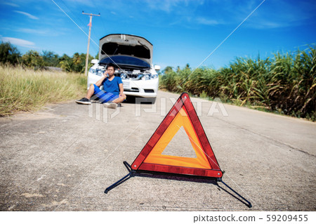 Emergency signs on road with sky. Emergency signs on road with sky. 59209455