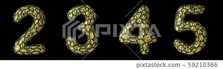 Number set 2, 3, 4, 5 made of realistic 3d render golden shining metallic. 59210366