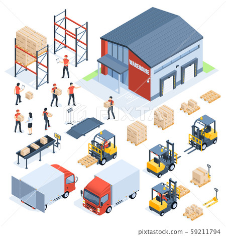 Isometric warehouse logistic. Cargo transport industry, wholesale distribution logistics and 59211794