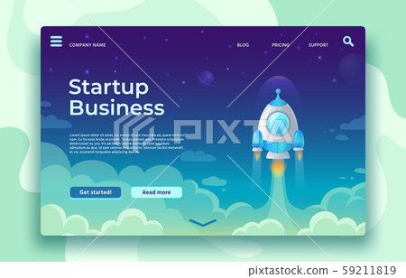 Startup launch landing page. Rocket launch, easy business start and futuristic space travel vector Startup launch landing page. Rocket launch, easy business start and futuristic space travel vector 59211819