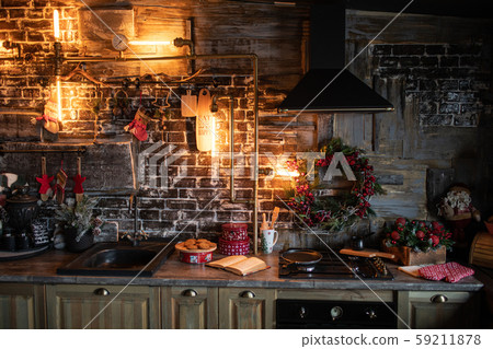 Cozy and warm kitchen with Christmas decor. Happy New Year Cozy and warm kitchen with Christmas decor. Happy New Year 59211878