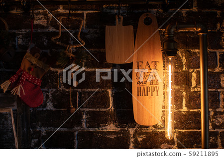 Cozy and warm kitchen with Christmas decor. Happy New Year Cozy and warm kitchen with Christmas decor. Happy New Year 59211895