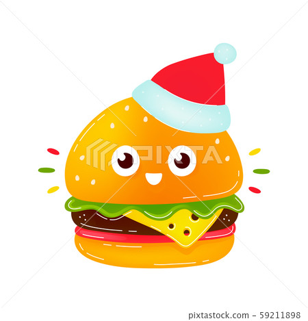 Cute smiling happy burger in christmas hat Cute smiling happy burger in christmas hat 59211898