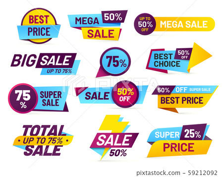 Sale tags. Retail sales stickers, promotion price label and store pricing banner sticker isolated 59212092