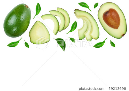 avocado and slices decorated with green leaves isolated on white background with copy space for your 59212696