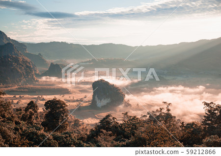 Landscape. Beautiful sunrise at Phu Lang Ka, Phayao in Thailand. 59212866