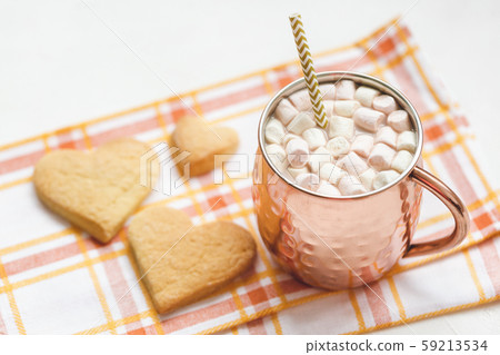 Cocoa on and heart cookies, Valentines Day template 59213534