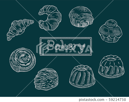 A set of bread ingredients. French sweet bread. Black board style 59214738