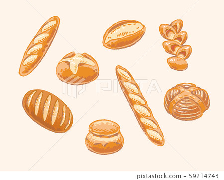 A set of bread ingredients. Hard bread such as baguettes. Vintage, retro style 59214743