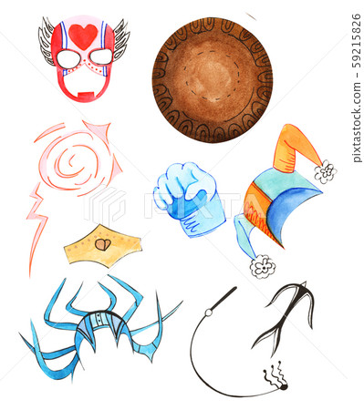 Illustration color drawing watercolor super heroes with accessories and weapons on a isolated 59215826