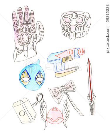 Illustration color drawing watercolor super heroes with accessories and weapons on a isolated 59215828