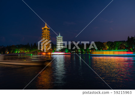 Sun and Moon Pagodas Towers at night Sun and Moon Pagodas Towers at night 59215963