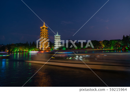 Sun and Moon Pagodas Towers at night Sun and Moon Pagodas Towers at night 59215964
