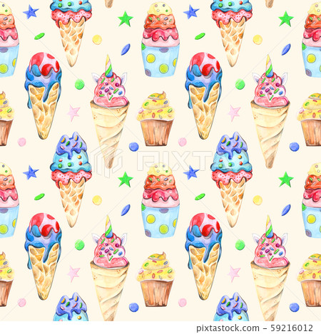 Illustration seamless pattern drawn by watercolor confectionery: cakes, muffins on the background. 59216012
