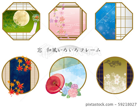 Japanese-style frame: Japanese-style frame, round window, Japanese-style room, Japanese house, mansion, vegetation, cherry tree, autumn leaves, fireworks, hydrangea, pine, full moon 59218027