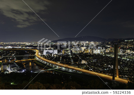 Night view from Ikeda City's famous spot, the Inagawa River and the Hanshin Expressway Ikeda Line, Shin-Inagawa Bridge 59224336