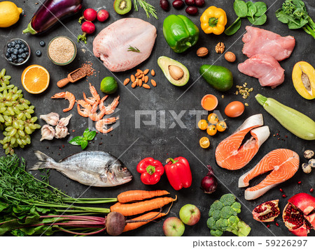 Pegan diet concept. Paleo plus vegan food ingredients 59226297