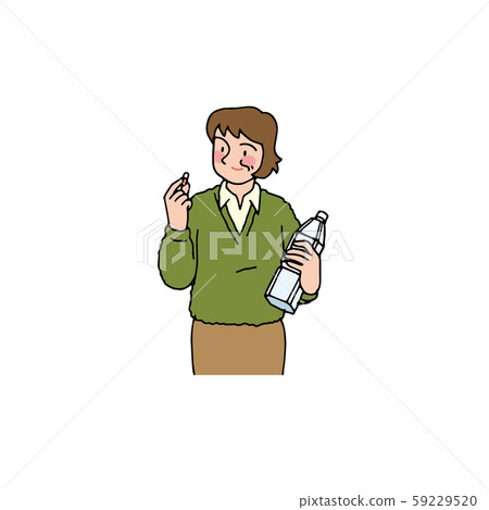 Woman drinking pills in plastic bottle water 59229520