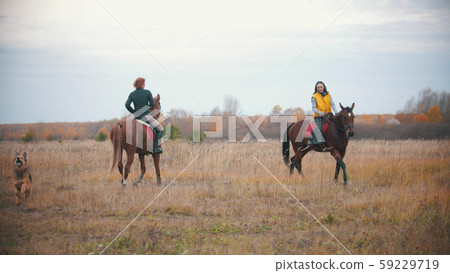 Two women riding horses in the autumn field at overcast weather - a dog walking near them Two women riding horses in the autumn field at overcast weather - a dog walking near them 59229719