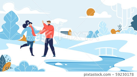Man and Woman Couple Walk in Snowy Park near River Man and Woman Couple Walk in Snowy Park near River 59230178