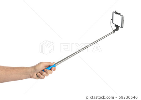 Hand and smartphone with selfie stick 59230546