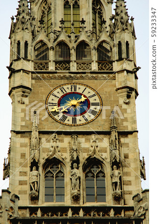 Close-up look of rathaus tower and clock in 59233347