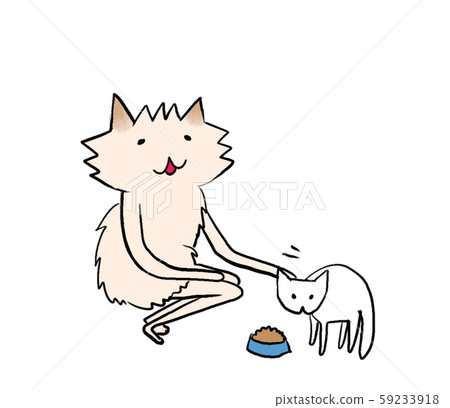 Pomeranian feeding a white cat to a cat Pomeranian feeding a white cat to a cat 59233918