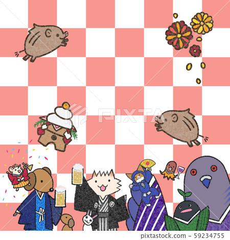 用和服慶祝,用酒敬酒(狗,貓,兔子,章魚,鳥,企鵝,狐狸,紅色和白色) 用和服慶祝,用酒敬酒(狗,貓,兔子,章魚,鳥,企鵝,狐狸,紅色和白色) 59234755