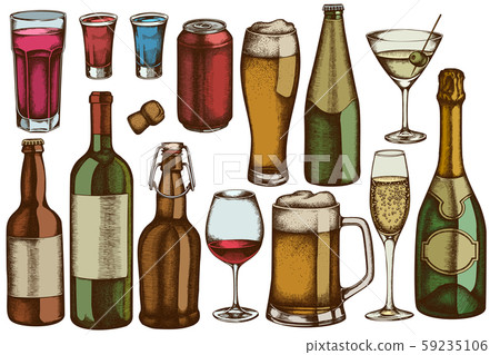 Vector set of hand drawn colored glass, champagne, mug of beer, alcohol shot, bottles of beer 59235106