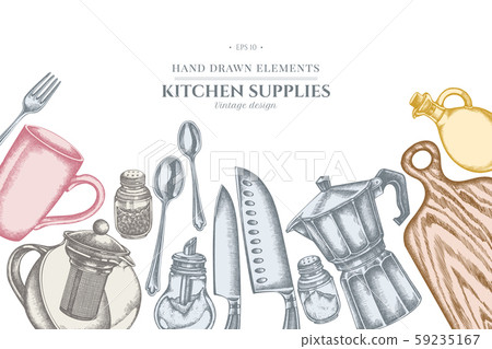 Design with pastel Chef's knifes, teaspoon, spoon, fork, knife, cutting board, bottle of oil Design with pastel Chef's knifes, teaspoon, spoon, fork, knife, cutting board, bottle of oil 59235167