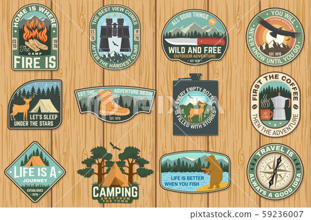Set of outdoor adventure quotes symbol. Vector. Concept for shirt or print, stamp or tee. Vintage Set of outdoor adventure quotes symbol. Vector. Concept for shirt or print, stamp or tee. Vintage 59236007