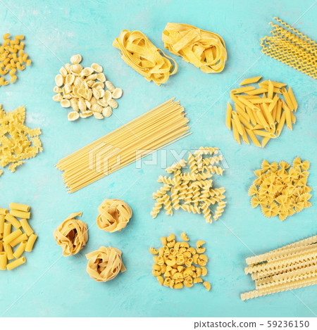 Italian pasta variety, square flatlay banner, top shot on a blue background Italian pasta variety, square flatlay banner, top shot on a blue background 59236150