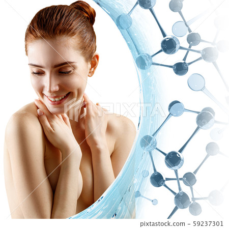 Young woman cover breasts among glassy molecules and water splash. Young woman cover breasts among glassy molecules and water splash. 59237301