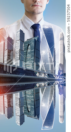 Double exposure of businessman and cityscape background. 59237504