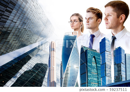 Double exposure of business people and cityscape background. 59237511